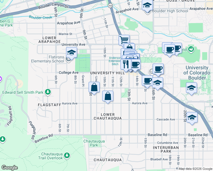 map of restaurants, bars, coffee shops, grocery stores, and more near 1012 10th Street in Boulder