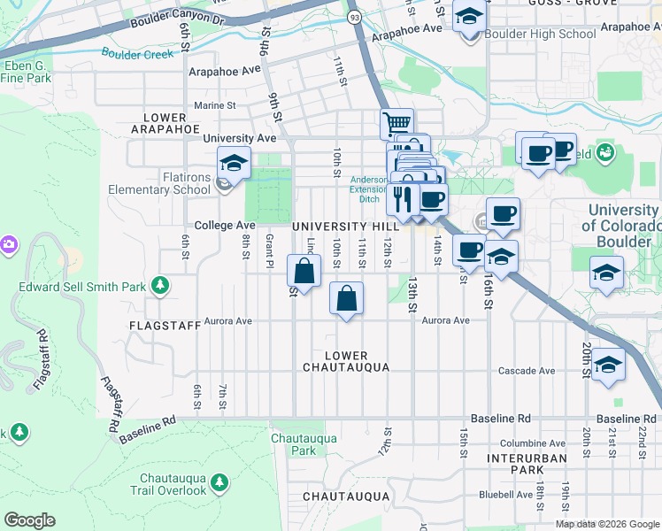 map of restaurants, bars, coffee shops, grocery stores, and more near 1011 10th Street in Boulder