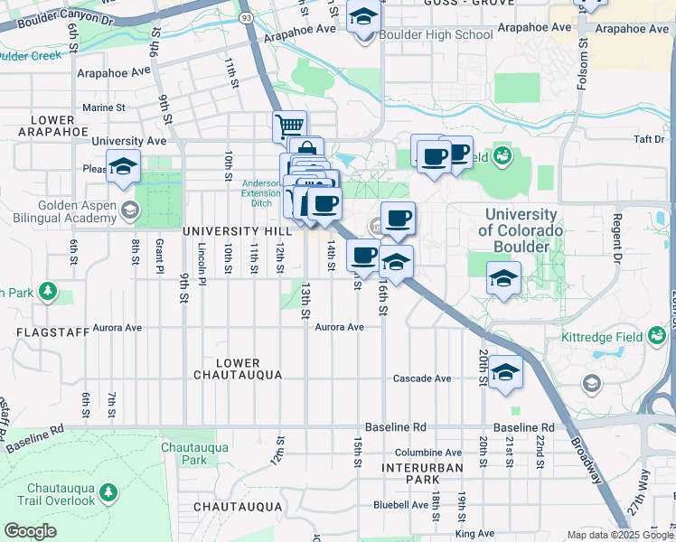 map of restaurants, bars, coffee shops, grocery stores, and more near 1012 14th Street in Boulder