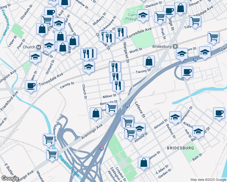 map of restaurants, bars, coffee shops, grocery stores, and more near 4561 East Stiles Street in Philadelphia