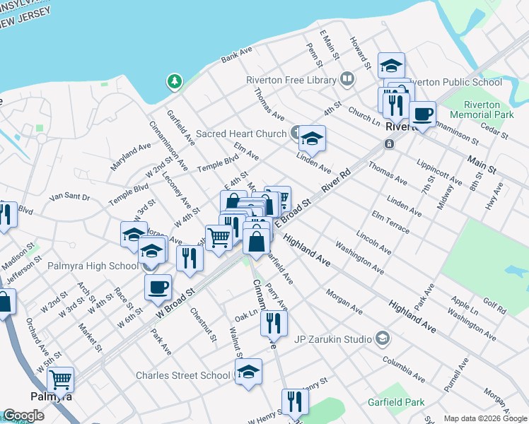 map of restaurants, bars, coffee shops, grocery stores, and more near 426 Morgan Avenue in Palmyra
