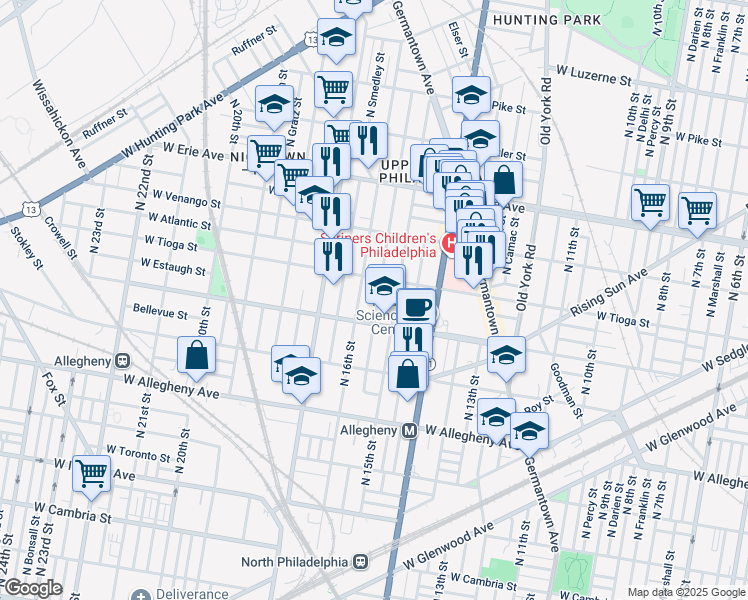 map of restaurants, bars, coffee shops, grocery stores, and more near 3428 North Sydenham Street in Philadelphia