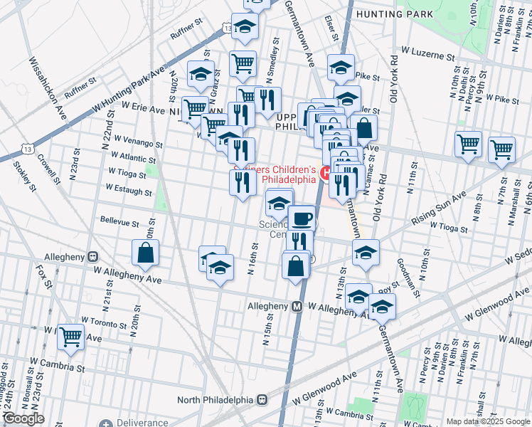 map of restaurants, bars, coffee shops, grocery stores, and more near 3427 North 16th Street in Philadelphia