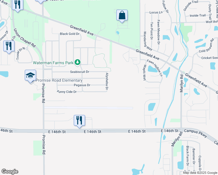 map of restaurants, bars, coffee shops, grocery stores, and more near 14904 Alysheba Drive in Noblesville