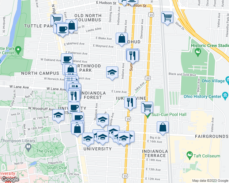 map of restaurants, bars, coffee shops, grocery stores, and more near Indianola Ave & E Lane Ave in Columbus