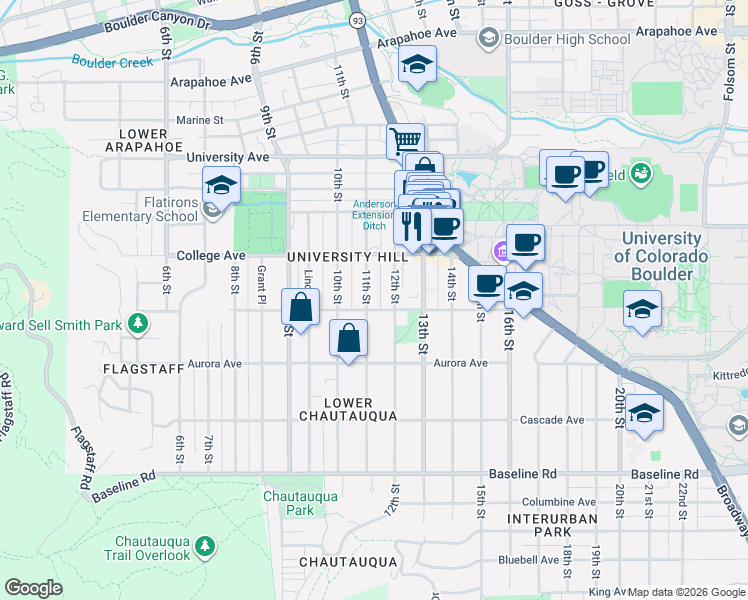 map of restaurants, bars, coffee shops, grocery stores, and more near in Boulder