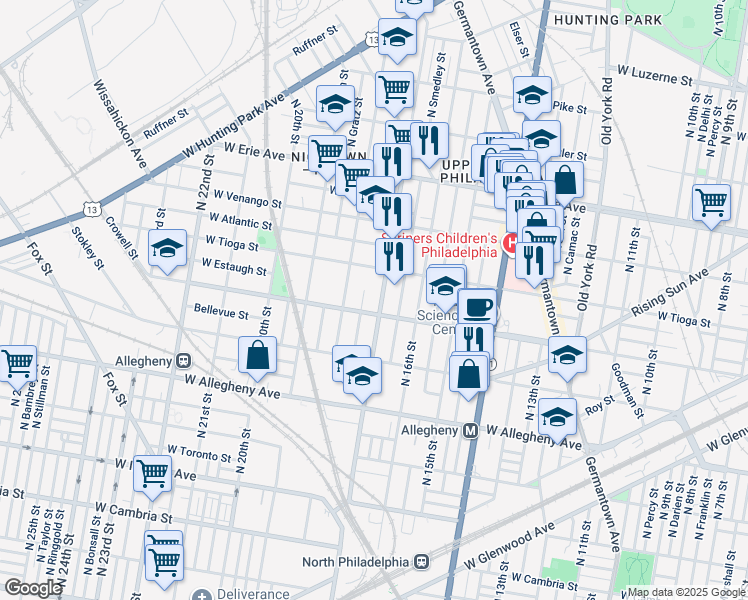 map of restaurants, bars, coffee shops, grocery stores, and more near 3416 North 17th Street in Philadelphia