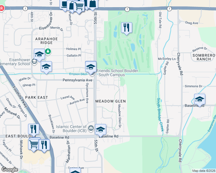 map of restaurants, bars, coffee shops, grocery stores, and more near 5588 Pennsylvania Avenue in Boulder