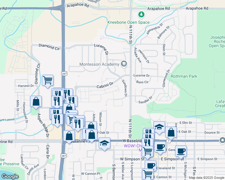map of restaurants, bars, coffee shops, grocery stores, and more near 625 San Juan Drive in Lafayette