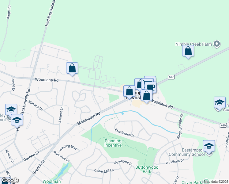 map of restaurants, bars, coffee shops, grocery stores, and more near 1168 Woodlane Road in Mount Holly