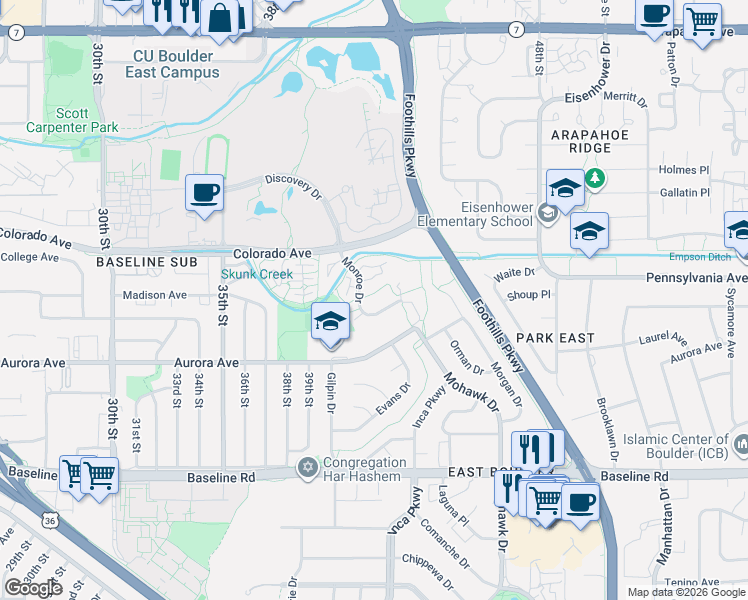 map of restaurants, bars, coffee shops, grocery stores, and more near 1130 Monroe Drive in Boulder