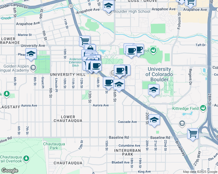 map of restaurants, bars, coffee shops, grocery stores, and more near 1030 Broadway in Boulder