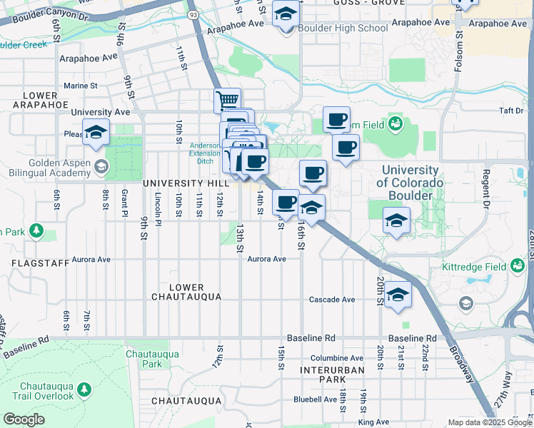 map of restaurants, bars, coffee shops, grocery stores, and more near in Boulder