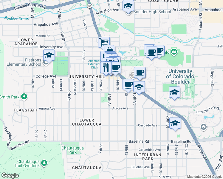 map of restaurants, bars, coffee shops, grocery stores, and more near in Boulder