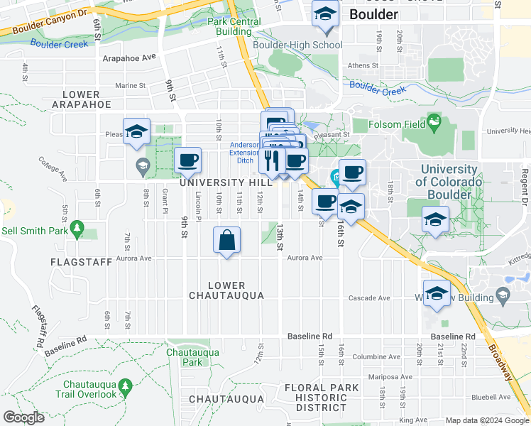 map of restaurants, bars, coffee shops, grocery stores, and more near 1053 12th Street in Boulder