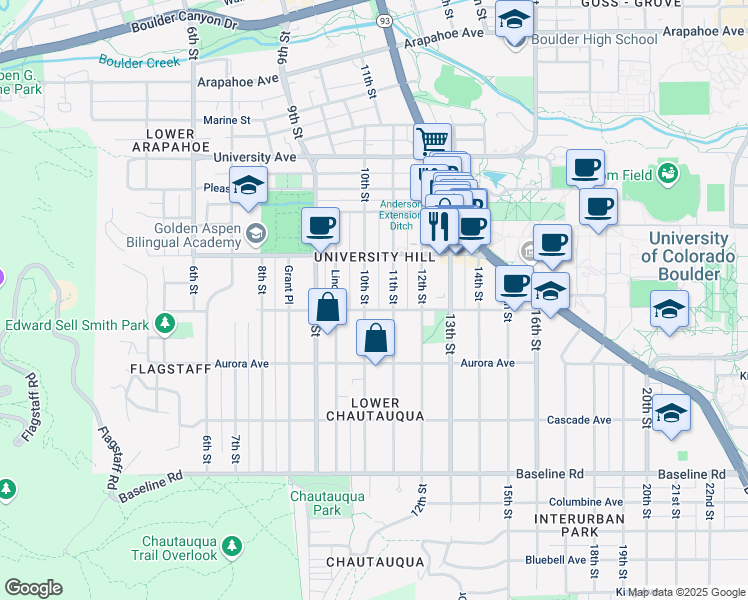 map of restaurants, bars, coffee shops, grocery stores, and more near in Boulder