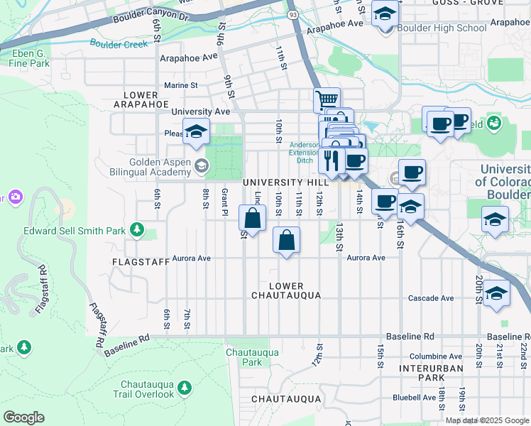 map of restaurants, bars, coffee shops, grocery stores, and more near 1061 10th Street in Boulder