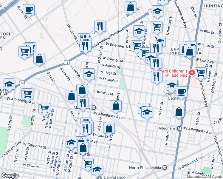 map of restaurants, bars, coffee shops, grocery stores, and more near 2018 West Ontario Street in Philadelphia