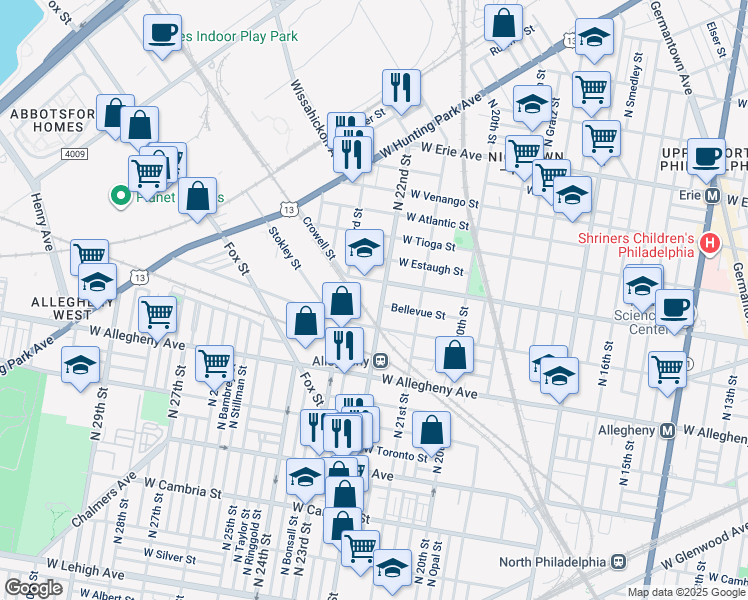 map of restaurants, bars, coffee shops, grocery stores, and more near 2141 West Ontario Street in Philadelphia