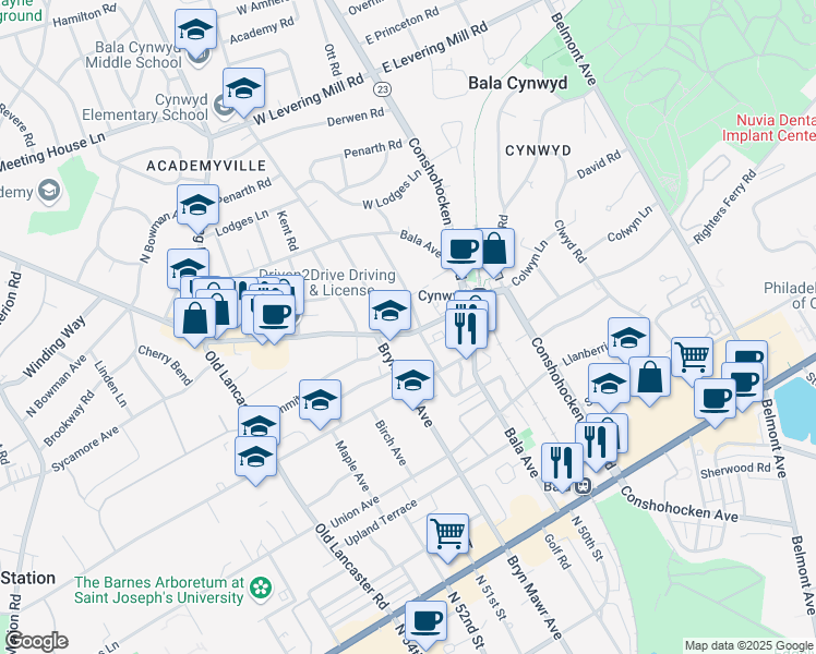 map of restaurants, bars, coffee shops, grocery stores, and more near 303 Cynwyd Road in Bala Cynwyd
