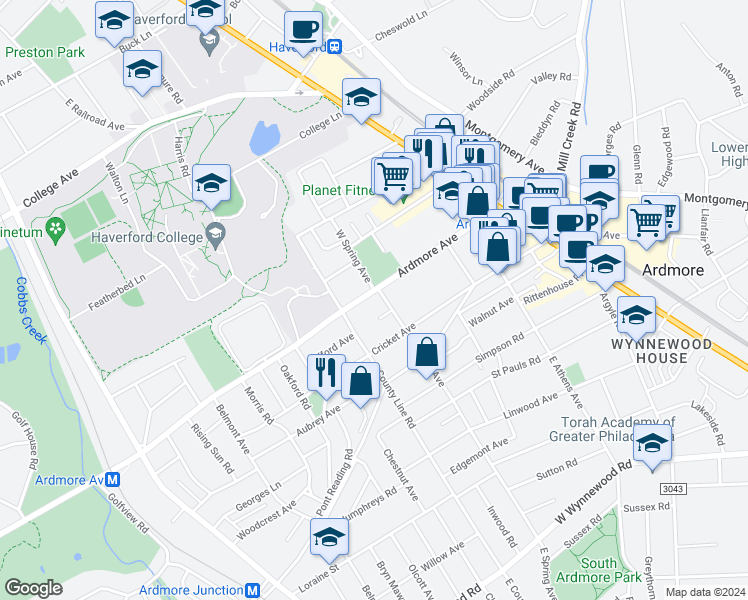 map of restaurants, bars, coffee shops, grocery stores, and more near 108 West Spring Avenue in Ardmore