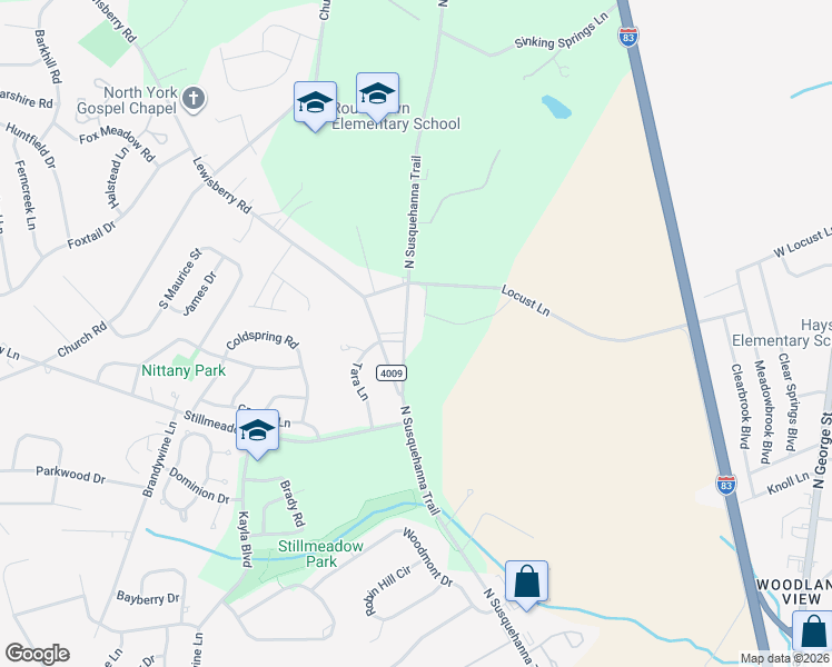 map of restaurants, bars, coffee shops, grocery stores, and more near 2685 North Susquehanna Trail in York