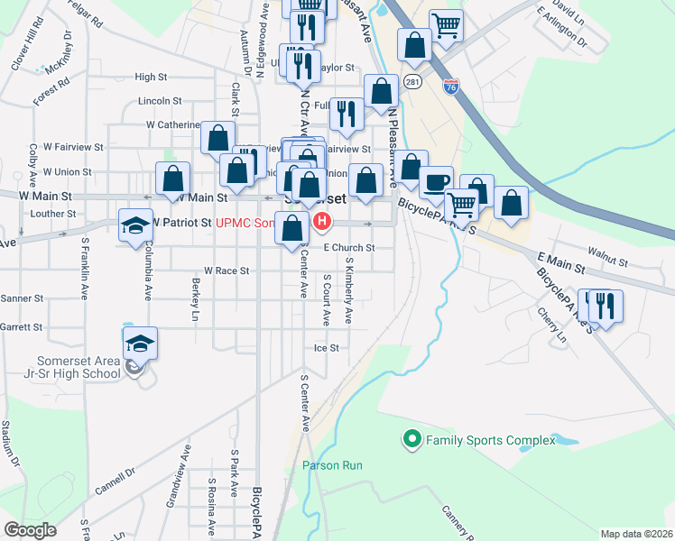 map of restaurants, bars, coffee shops, grocery stores, and more near 146 East Church Street in Somerset