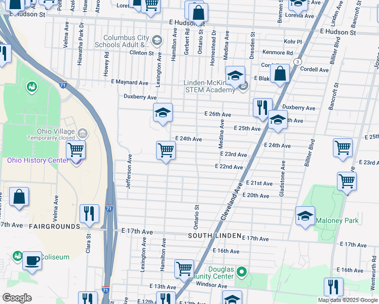 map of restaurants, bars, coffee shops, grocery stores, and more near 1129 East 24th Avenue in Columbus