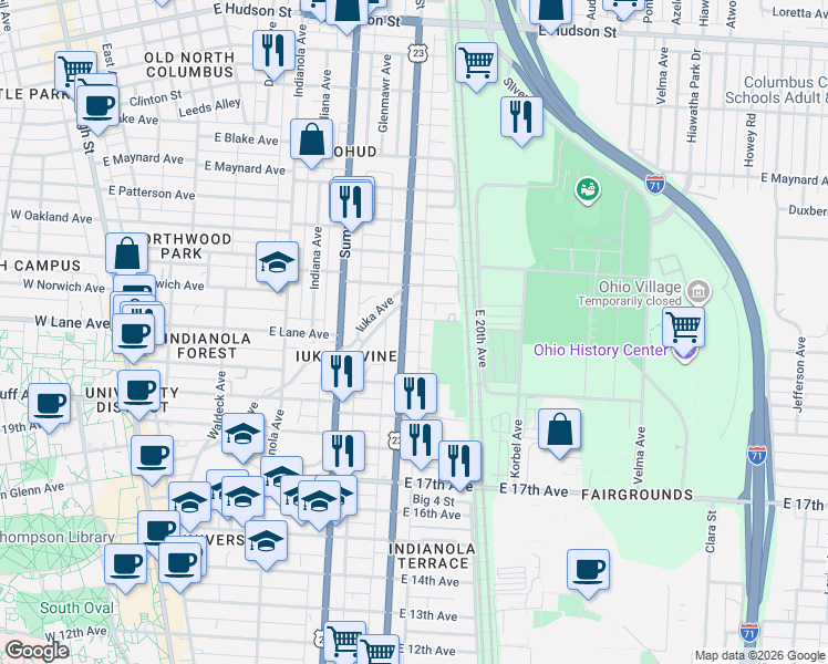 map of restaurants, bars, coffee shops, grocery stores, and more near 2110 U.S. 23 in Columbus