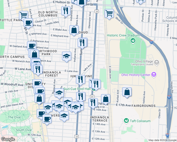 map of restaurants, bars, coffee shops, grocery stores, and more near 2121 Iuka Avenue in Columbus