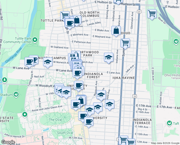 map of restaurants, bars, coffee shops, grocery stores, and more near 2154 Tuller Street in Columbus