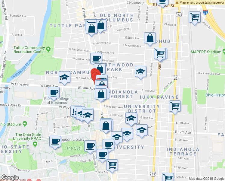 map of restaurants, bars, coffee shops, grocery stores, and more near 2154 Tuller Street in Columbus