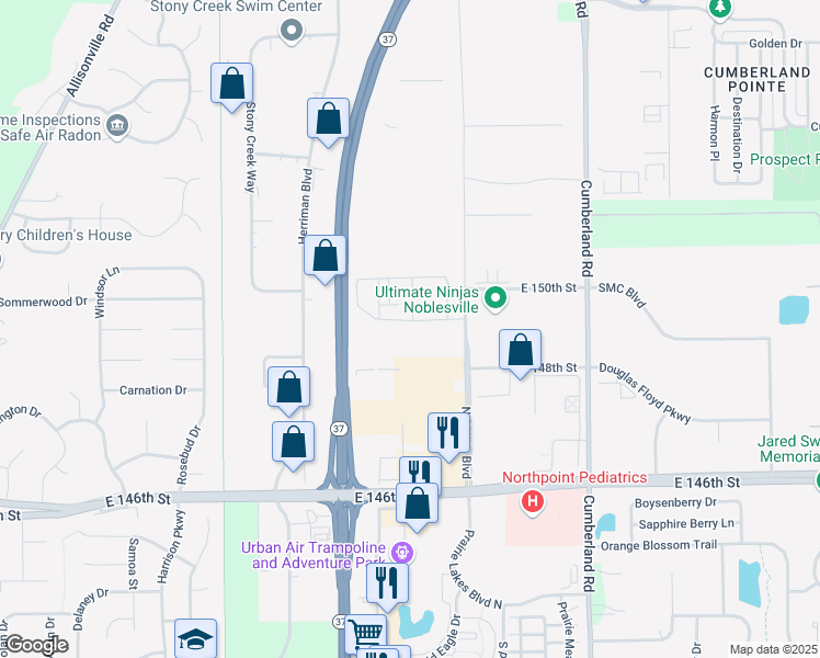 map of restaurants, bars, coffee shops, grocery stores, and more near 9435 Amberstone Lane in Noblesville