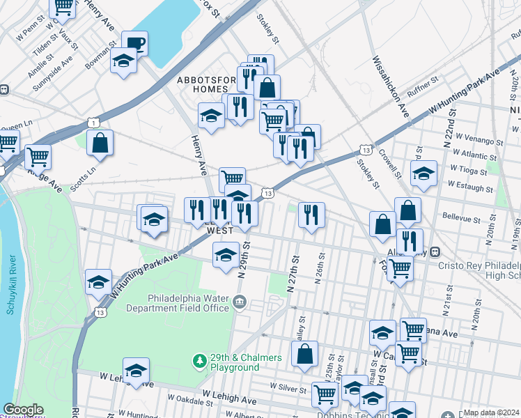 map of restaurants, bars, coffee shops, grocery stores, and more near 3248 North Dover Street in Philadelphia