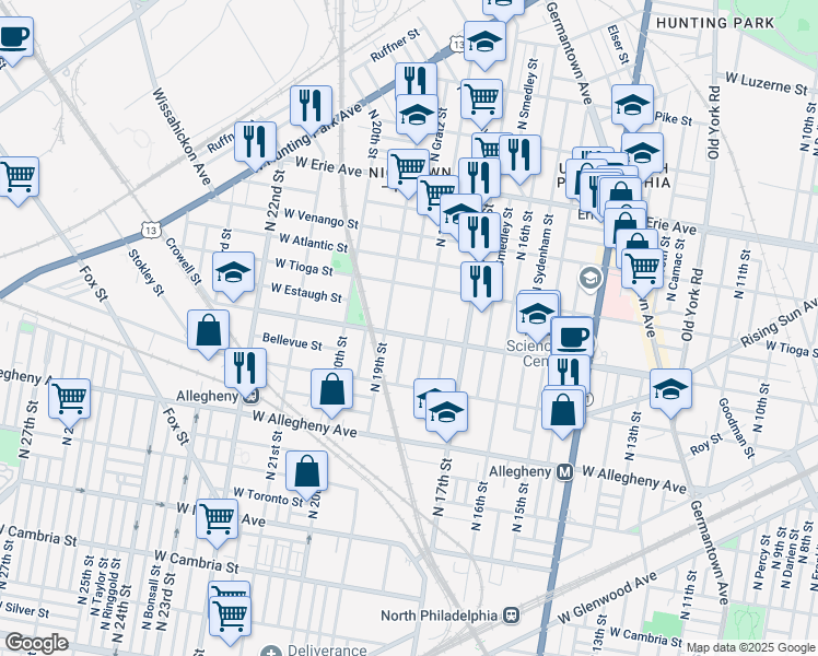 map of restaurants, bars, coffee shops, grocery stores, and more near 1817 West Ontario Street in Philadelphia