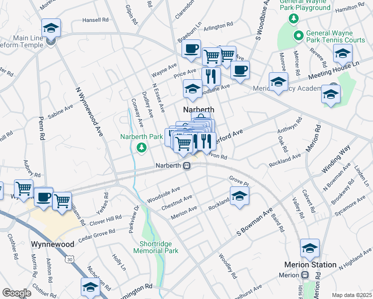 map of restaurants, bars, coffee shops, grocery stores, and more near 106 Forrest Avenue in Narberth