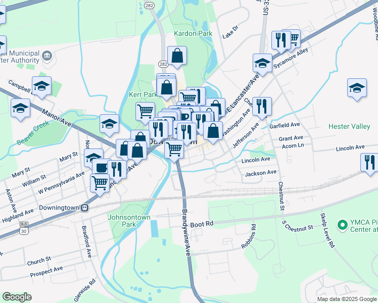 map of restaurants, bars, coffee shops, grocery stores, and more near 126 Washington Avenue in Downingtown