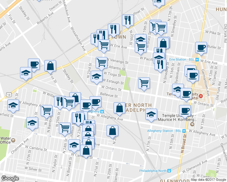 map of restaurants, bars, coffee shops, grocery stores, and more near 2026 West Ontario Street in Philadelphia