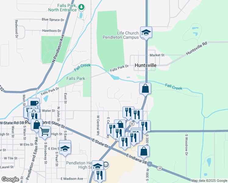map of restaurants, bars, coffee shops, grocery stores, and more near 28 Park Court in Pendleton