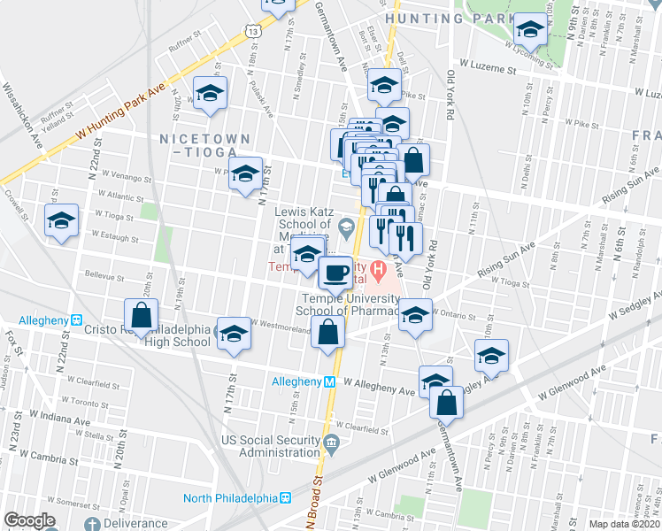 map of restaurants, bars, coffee shops, grocery stores, and more near 3442 North Carlisle Street in Philadelphia