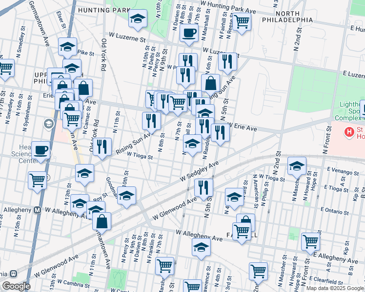 map of restaurants, bars, coffee shops, grocery stores, and more near 3604 North 7th Street in Philadelphia