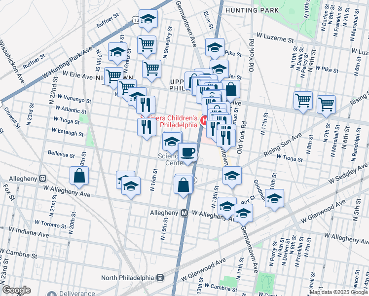 map of restaurants, bars, coffee shops, grocery stores, and more near 3442 North Carlisle Street in Philadelphia