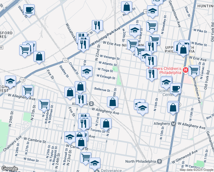 map of restaurants, bars, coffee shops, grocery stores, and more near 2026 West Ontario Street in Philadelphia