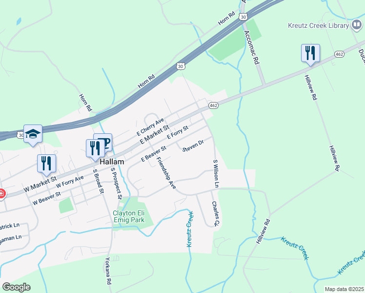 map of restaurants, bars, coffee shops, grocery stores, and more near 325 Steven Drive in Hallam