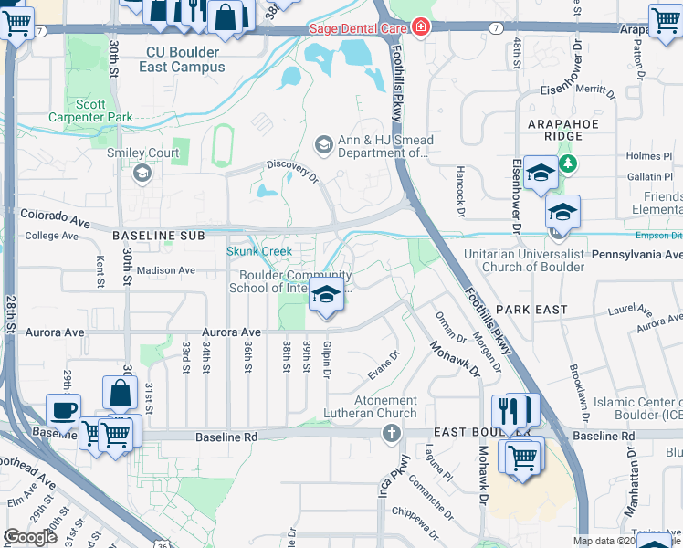 map of restaurants, bars, coffee shops, grocery stores, and more near 1141 Monroe Drive in Boulder