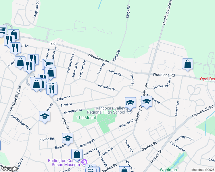 map of restaurants, bars, coffee shops, grocery stores, and more near 7 Sussex Road in Mount Holly