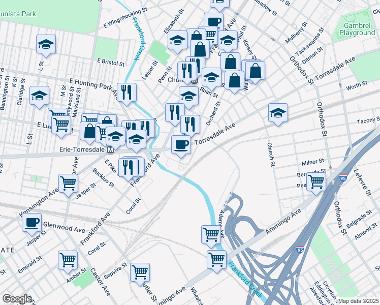 map of restaurants, bars, coffee shops, grocery stores, and more near 4122 Torresdale Avenue in Philadelphia