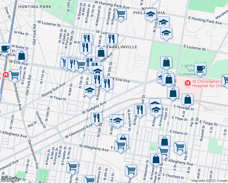 map of restaurants, bars, coffee shops, grocery stores, and more near 3605 North Lawrence Street in Philadelphia