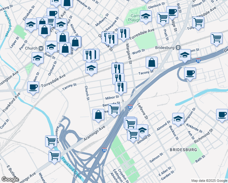 map of restaurants, bars, coffee shops, grocery stores, and more near 4561 East Stiles Street in Philadelphia