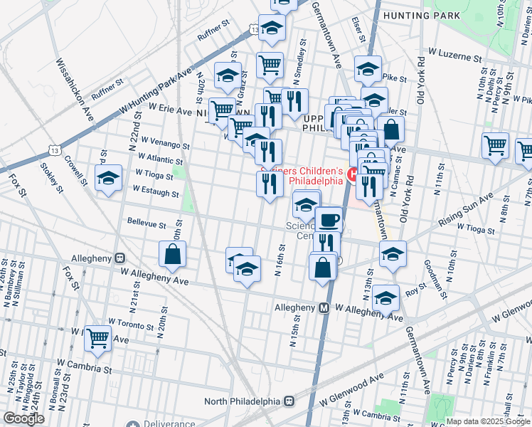 map of restaurants, bars, coffee shops, grocery stores, and more near 3423 North 17th Street in Philadelphia